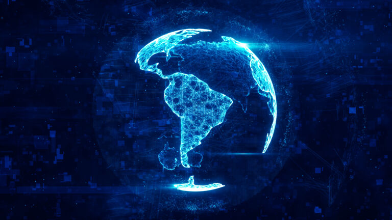 A tech-like, futuristic digital stock image of the Earth.