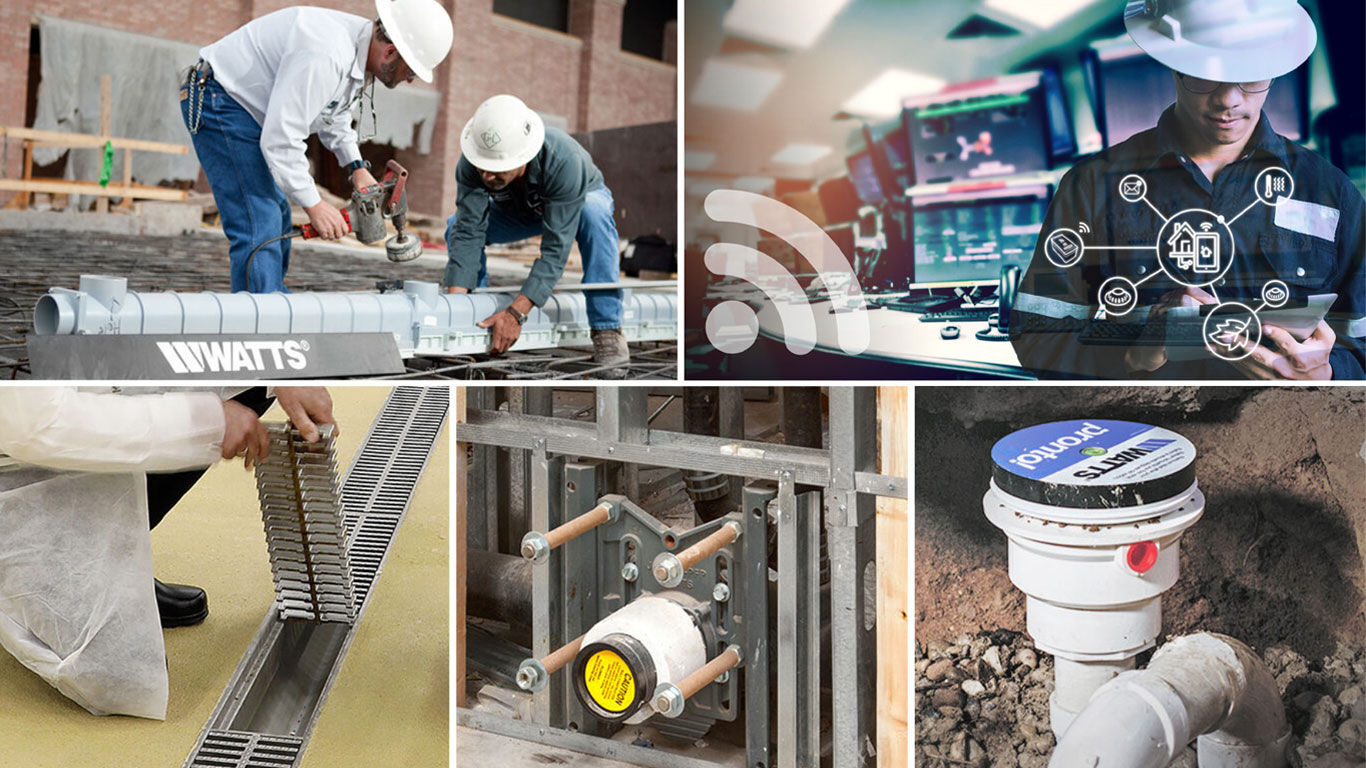 Image showing trench drain installation, connected roof drain, HygienicPro drain channel, lav carrier, Pronto floor drain